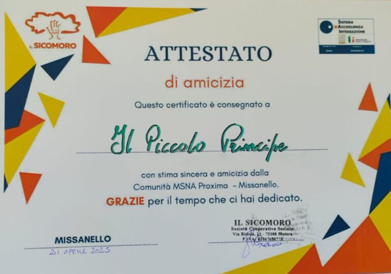 Abbiamo ricevuto l’attestato di Amicizia dalla Cooperativa Il Sicomoro